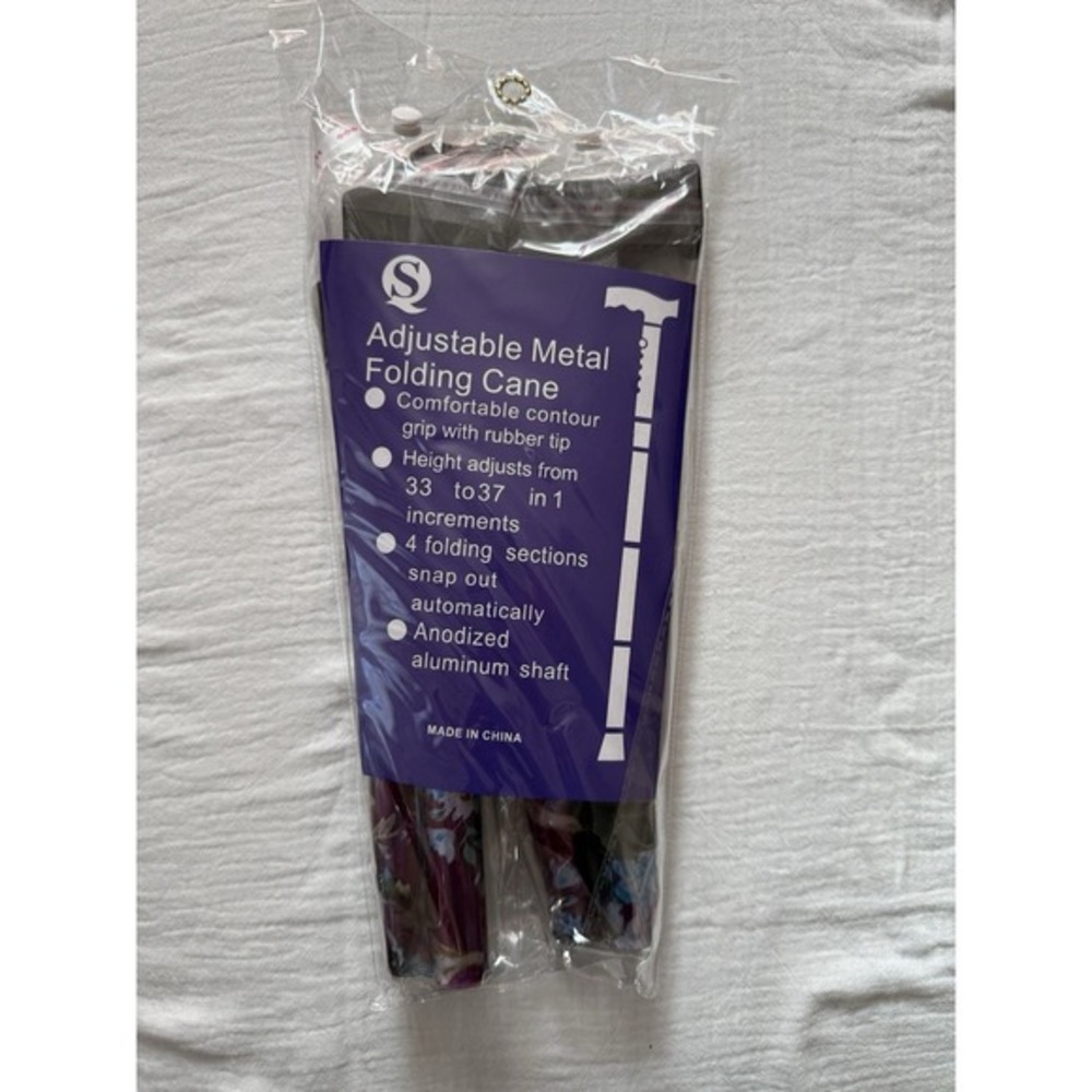Adjustable Folding Metal Cane.‎ 33-37 Inches. Purple Floral Design.